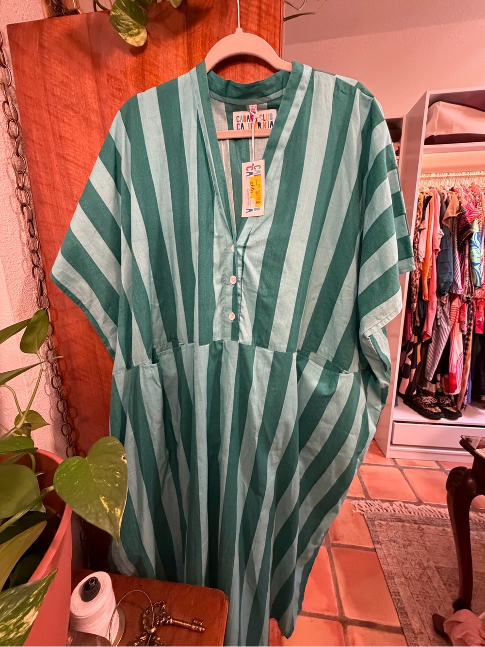 Cabana Club California Striped Caftan Maxi Dress Free Size NWT